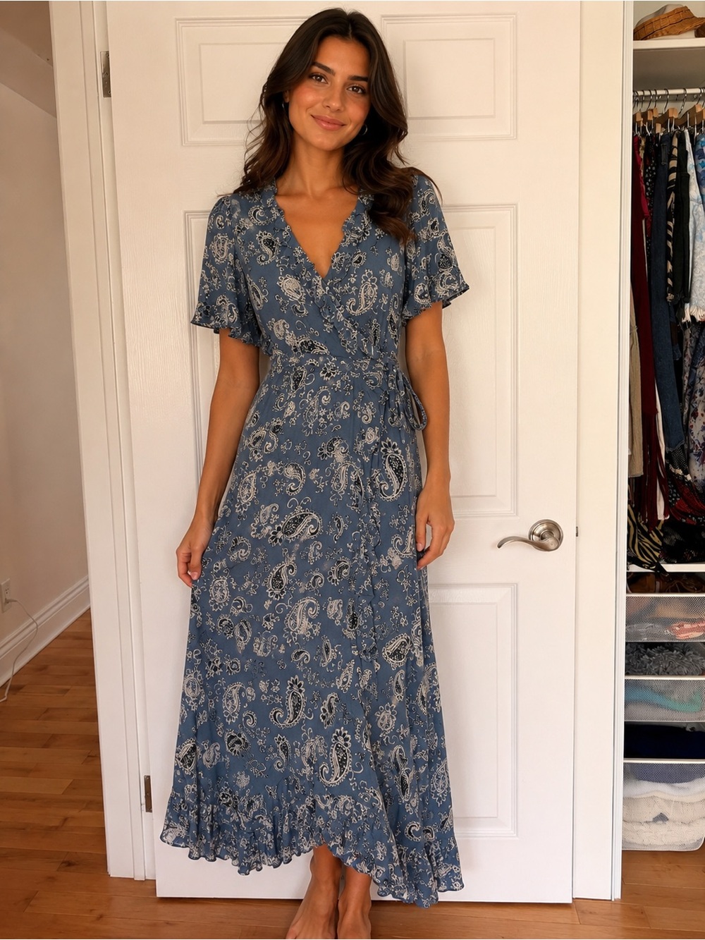 byTimo timo Blue Paisley Wrap Maxi Dress with Tie Waist pattern boho bohemian Xs